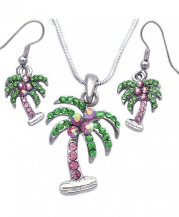 Palm Tree Charm Pendant Necklace Dangle Drop Hook Earrings Jewelry Set - Pink Hook Dangle - CK11Q6RST5V