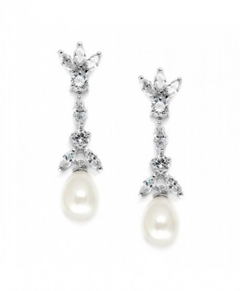 Mariell Cubic Zirconia & Freshwater Pearl Drop Bridal Earrings - Marquis-Cut CZ & Pearls Wedding Dangles - CL12305PWLP