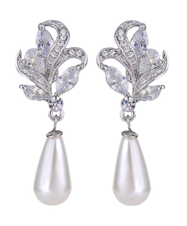 EVER FAITH Silver-Tone CZ Crystal Cream Simulated Pearl Flower Teardrop Dangle Earrings Clear - C911APUDQVB