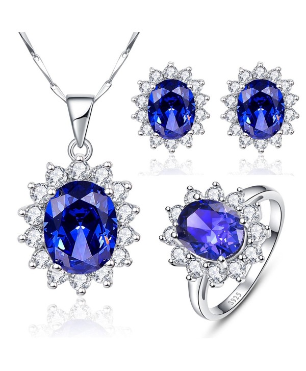 BONLAVIE Created Blue Tanzanite Jewelry Sets Engagement 925 Sterling Silver Ring Necklace Stud Earrings - CR12O86HHL2