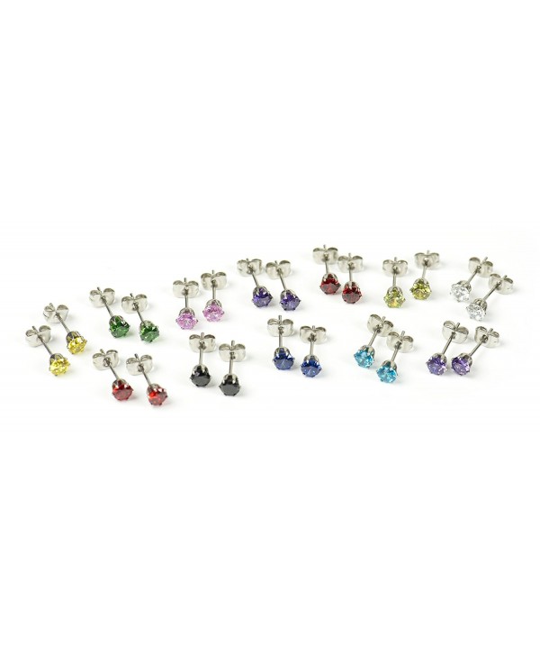 Stainless Steel 316L 12 Pairs of 4mm Stud CZ Earrings in 12 Different Colors SUPER SET - CP11AEFTIXR
