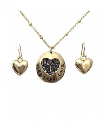 Live Laugh Love Heart Gold & Silver Tone Small Simple Charm Necklace Earrings Set - CB125EZK651