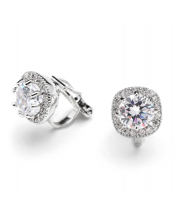 Mariell Cubic Zirconia CZ Clip On Stud Earrings - 10mm Cushion Shape Pave Halo Nonpieced Round Solitaires - CK12JGUEON5