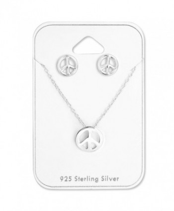 925 Sterling Silver Peace Sign Necklace & Stud Earrings Set 28954 - C412LJDMMWH