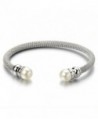 Classic Ladies Stainless Steel Twisted Cable Bangle Bracelet with Synthetic White Pearl - 1 - CU11XIIPSDH