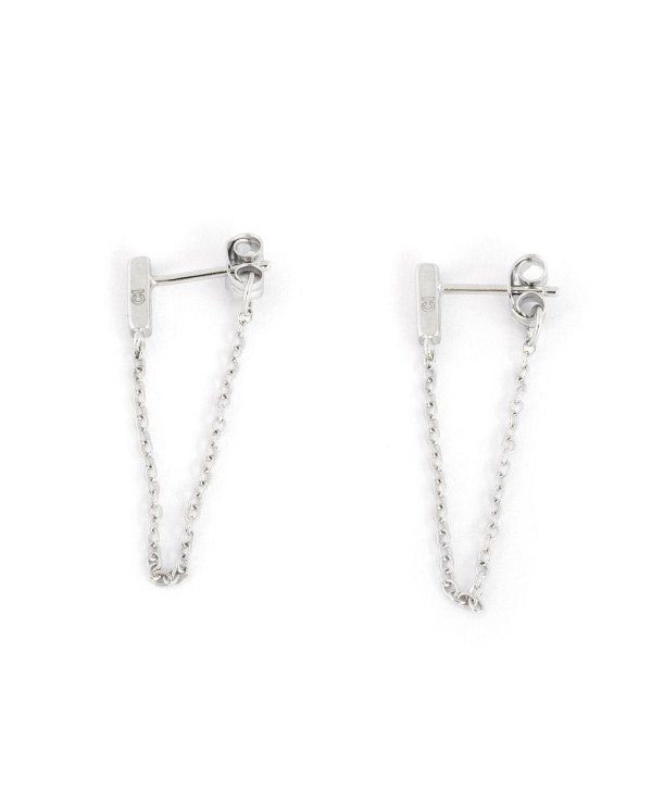 Solid Sterling Silver Rhodium Plated Bar Stud with Chain Dangle Earrings - CC1228ZWOV9