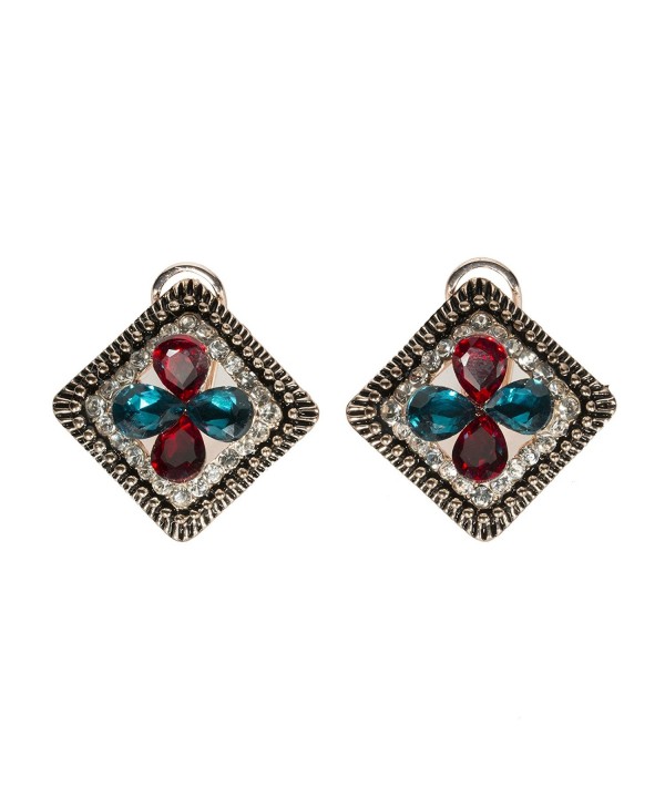 Stylish Goldtone Drop Earrings Rhinestone Crystal Blue Glass Oval Victorian Jewelry - Rhombus Flowers - C5189XYN4XH