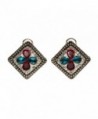 Stylish Goldtone Drop Earrings Rhinestone Crystal Blue Glass Oval Victorian Jewelry - Rhombus Flowers - C5189XYN4XH