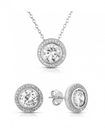 Sterling Silver Cubic Zirconia Round Halo Earrings and Pendant Necklace Jewelry Set - CF128VYNL31