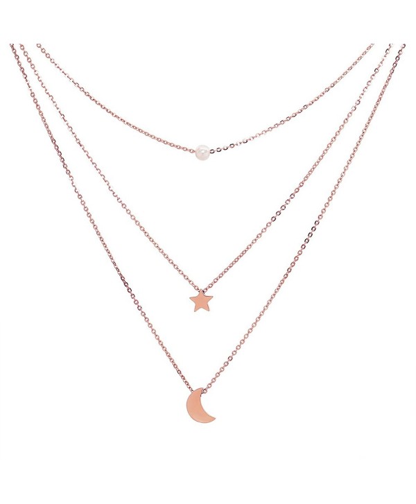 ELBLUVF 18k Rose Gold Stainless Steel Women Multi-Layered Pearl Sun Star Moon Crescent Galaxy Necklace - C7187IHZL2G