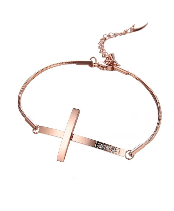 Cupimatch Womens Stainless Steel Religious Sideways Cross Bracelet Bangle- Rose Gold Color- 8 Inch - CQ1834DMXLU