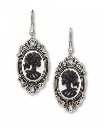 Gothic Lolita Skull Cameo Dangle Earrings Black on White In Silver Finish Frame - C811F2RMAB9