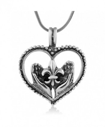 925 Oxidized Sterling Silver Heart Fleur De Lis Symbol Giving Hands Pendant Necklace- 18 inches - CV11O1WV5OF