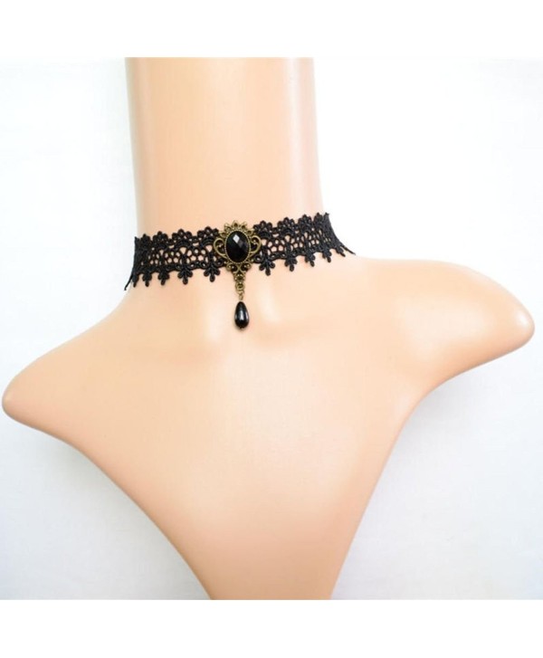 Charm.L Grace Black Flower Lace Gothic Lolita Beads Pendant Choker Necklace - CI11PSQOII3