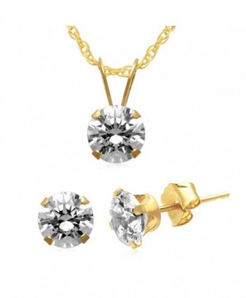 Jewelili 10KT Yellow Gold Swarovski Zirconia Solitaire Pendant Necklace And Stud Earrings Box Set - CD17YZ2QN86