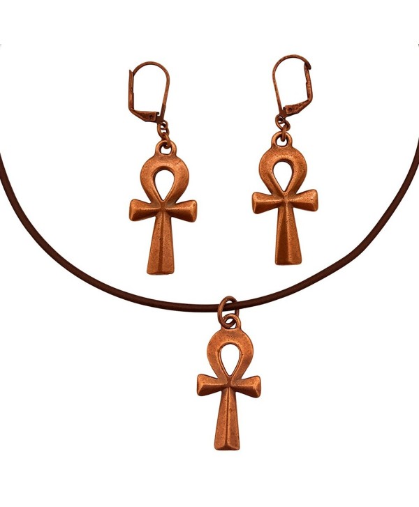 DragonWeave Anhk Charm Necklace & Earring Set- Antique Copper Brown Leather Adjustable Choker - CE17YTRWGK8