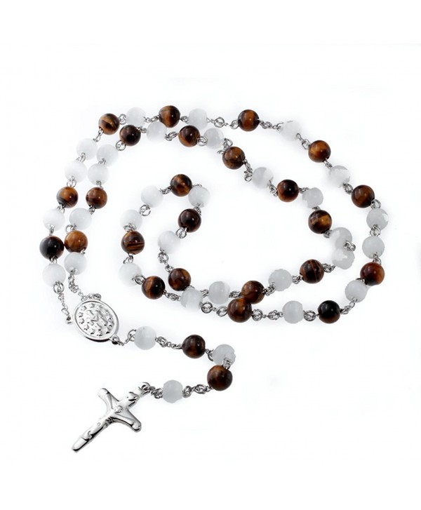 R.H. Jewelry Stainless Steel Simulated Tiger Eye and White Plastic Crystal Rosary Necklace - CN11FY254MP