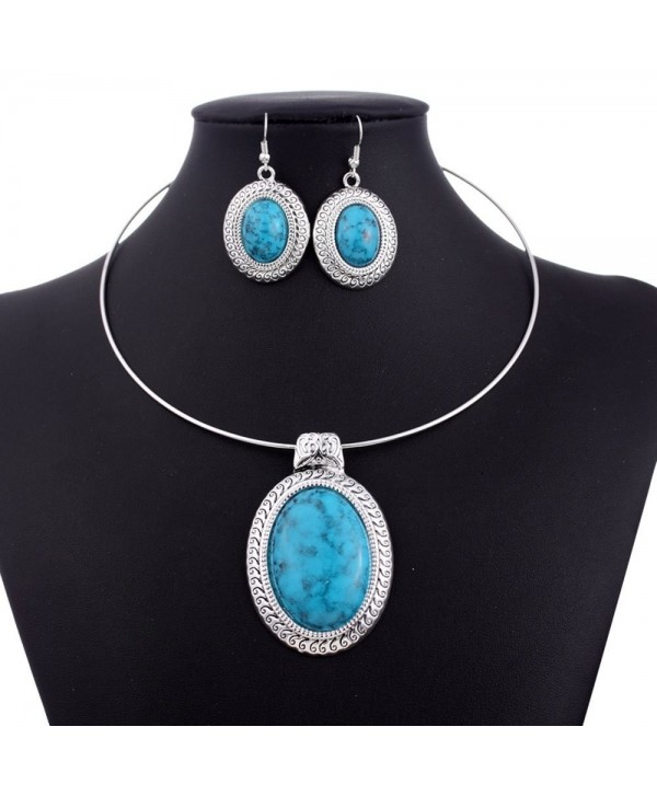 Chunky Oval Turquoise Tibet Silver Pendant Torque Necklace Earrings Collar Set - " green " - C011LX13P13