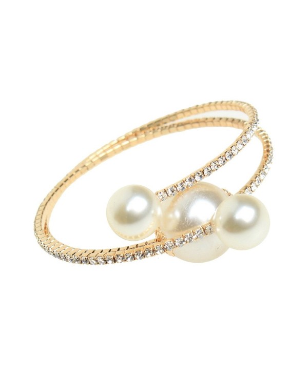 Coogain Bangle Bracelet Big Faux Pearl Bling Open Cuff Beaded Bracelets White and Gold - White two - CJ17Z703XZ9