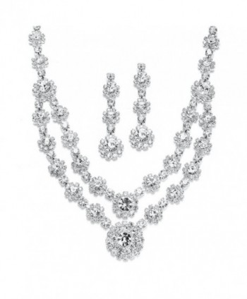 Mariell Regal Silver 2 Row Rhinestone Crystal Necklace and Earrings Set for Prom- Brides and Bridesmaids - CU122YON41D