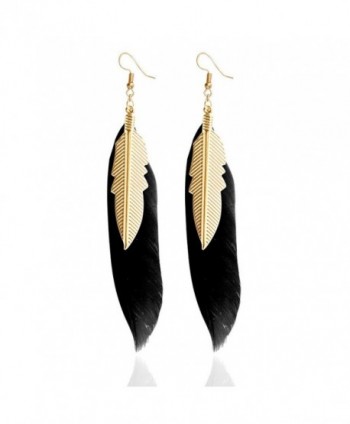 F&U Real Feather Design Indian Style With Golden Leaf Dangle Drop Earrings - Black - CF18663G92G