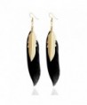 F&U Real Feather Design Indian Style With Golden Leaf Dangle Drop Earrings - Black - CF18663G92G