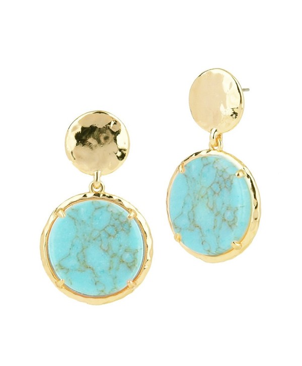 Gold Tone Hammered Pebble Dangling Round Opaque Stone Earrings - Reconstituted Turquoise - C712NT9G1I6