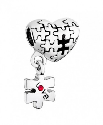 CharmsStory Sterling Silver Autism Puzzle Love Heart Red Simulated Birthstone Charm Beads For Bracelets - C31255FP3CV
