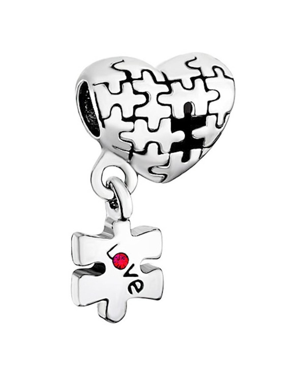CharmsStory Sterling Silver Autism Puzzle Love Heart Red Simulated Birthstone Charm Beads For Bracelets - C31255FP3CV