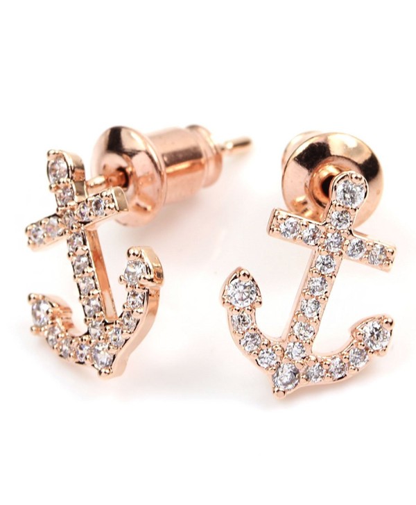 FC JORY White & Rose Gold Plated Crystal Small Diamante Anchor Women Earrings Studs - Rose gold - CV11M4V282D