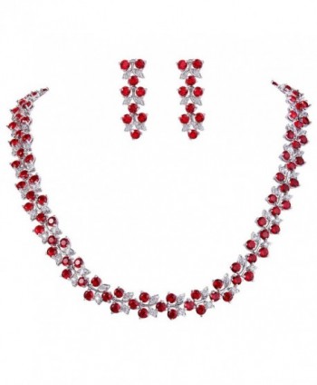 EVER FAITH Women's Cubic Zirconia Floral Leaf Wedding Necklace Earrings Set - Red w/ Clear Silver-Tone - CJ12NSKQV8U