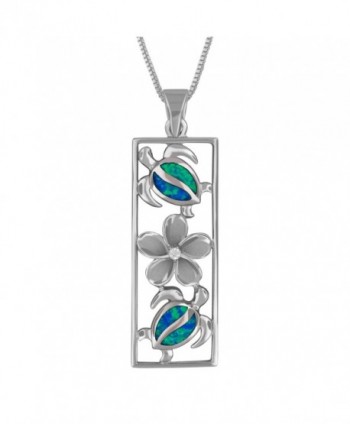 Sterling Silver Synthetic Blue Opal Vertical Turtle and Plumeria Pendant Necklace- 16+2" Extender - CJ12CJGZZVX