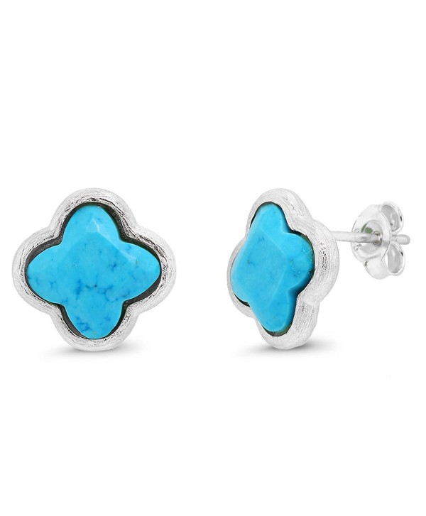 Sterling Silver Flower Shape Simulated Turquoise Diamond Cut Stud Earrings - CC125UWT307