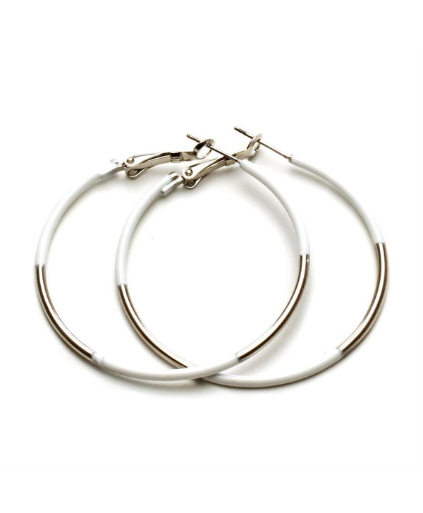 Womens Jewelry Hoop Earrings Silver Tone with Hand Painted White Detail - CW11ZC1G2D3
