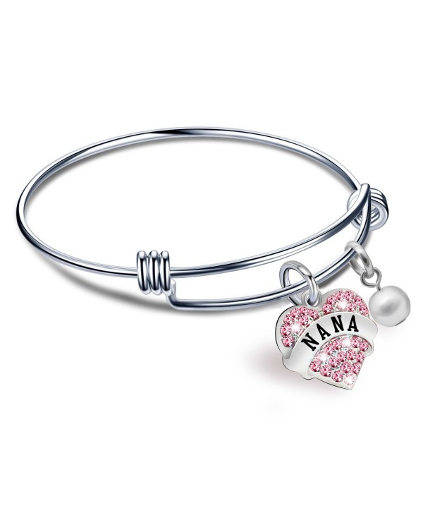 Gift for Family Nana Pink Crystal Love Heart Pendant Beads Silver 8" Bangle Bracelet for Women - C0127YDGNGR