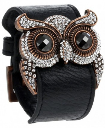 Leather Cuff Bracelet with Crystal Owl Charm- Adjustable Wristband with Metal Alloy Buckle- By Regetta Jewelry - CX11MU22SUN