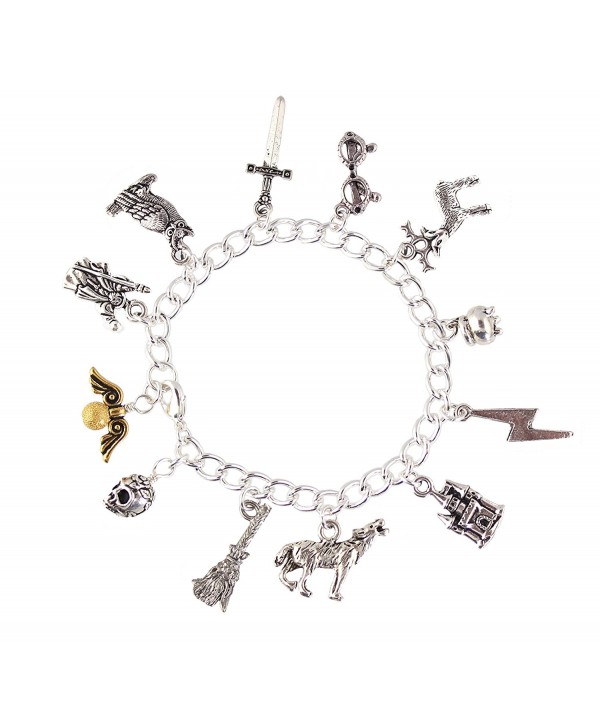 Wizards and Witches Magic Fantasy Fan Charm Bracelet - Pewter Charms- Silver Plated Chain- Sizes XS-XL - C511V2WG3SP