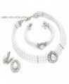 3 Rows Rhinestone Trimmed Simulated Pearl Choker Necklace- Bracelet- Clip on Earring 3 Set - White - CB17WX77QZ8