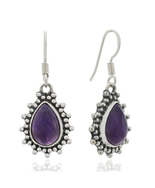 925 Sterling Silver Purple Amethyst Gemstone Pear Shaped Vintage Dangle Hook Earrings 1.4" - CX12BOY8IZV