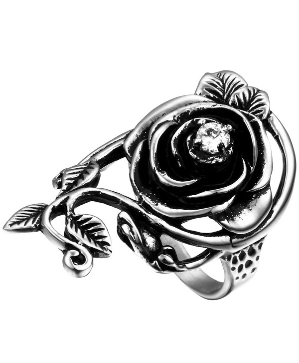 Flongo Womens Ladies Gothic Stainless Steel Rose Flower Vine Band Ring - CA11ZY8H9UJ