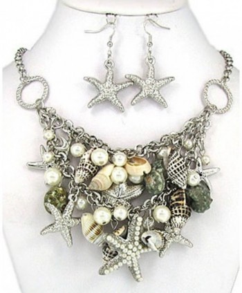 Pearl Star Fish Real Shell Imitation Pearl Nautical Necklace Set Earrings by Jewelry Nexus - Silver-tone - CK11DX8JR6L