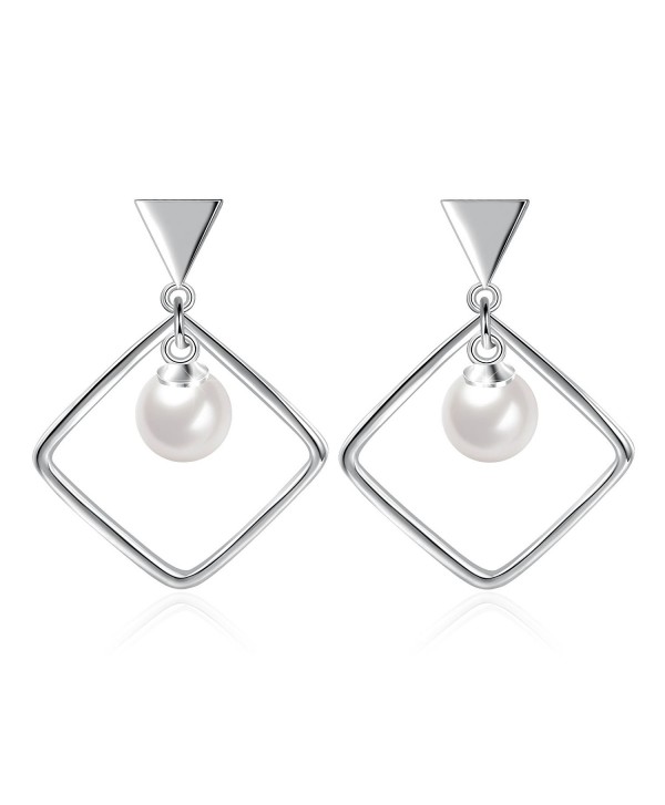 Jasellia 18K White Gold Plated Sterling Silver Single Rhombus with Cream Pearl Dangle Earrings - C2185ZUI657