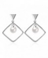 Jasellia 18K White Gold Plated Sterling Silver Single Rhombus with Cream Pearl Dangle Earrings - C2185ZUI657
