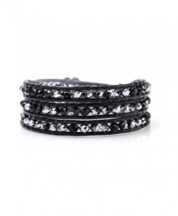 Black and Silver Crystals Wrap Bracelet Genuine Black Leather Hand-Knotted Multilayer 4mm Beads - CM11VYTBVND