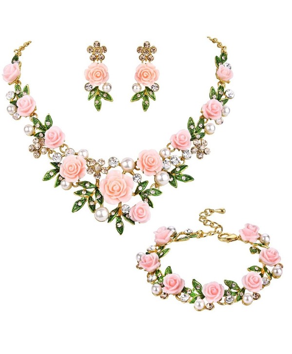 EVER FAITH Crystal Simulated Pearl Rose Flower Leaf Necklace Earrings Bracelet Set Gold-Tone - Light Pink - CQ185EUNCL2