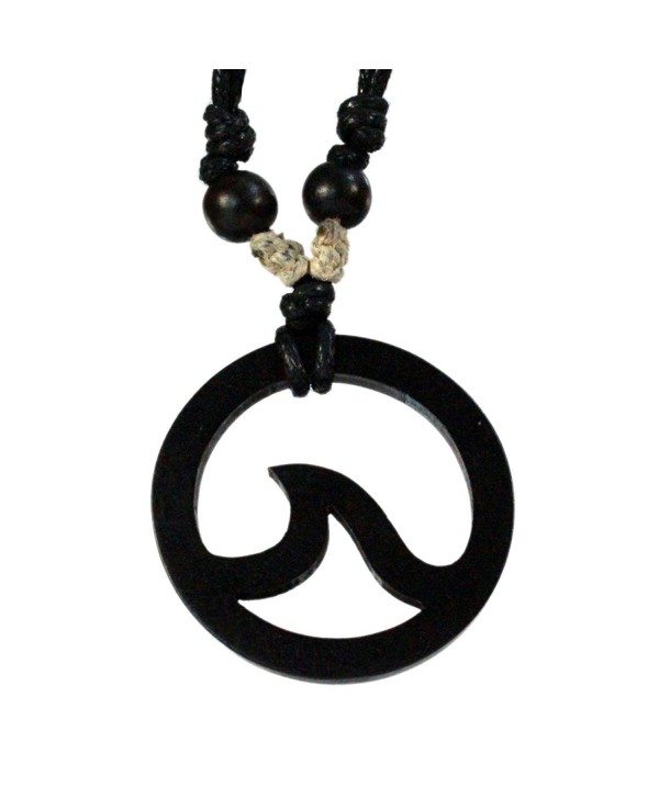 Flat Circle Pendant with Wave Carved from Kamagong Wood with Adjustable Black Cotton Waxed Cord Necklace - C811ESLVW9R
