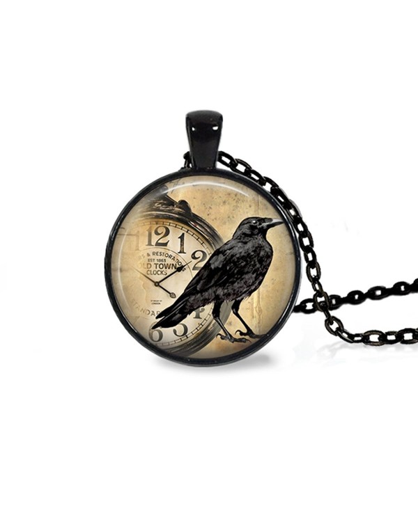 25mm Raven with Pocket Watch Glass Black Cabochon 18" Chain Necklace - C8183ZYOXZE