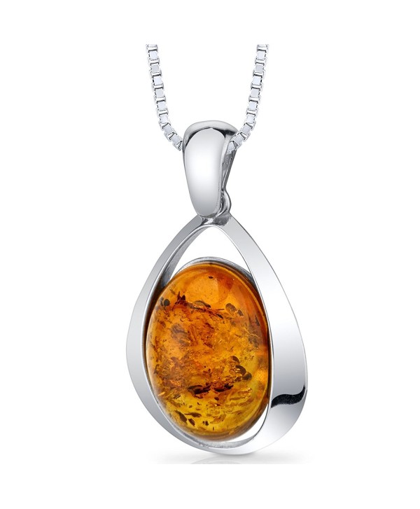 Baltic Amber Large Pendant Necklace Sterling Silver Cognac Color Oval Shape - CI11Y5N3P4N