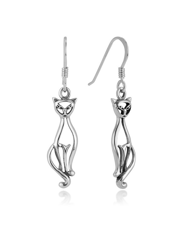 925 Oxidized Sterling Silver Open Elegant Cat Kitty Kitten Pet Lover Dangle Hook Earrings 1.5'' - CR12I6MS6O7