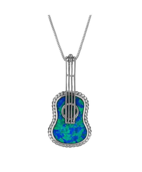 Sterling Silver Synthetic Blue Opal Ukulele Pendant Necklace- 16+2" Extender - CR12I5HARET